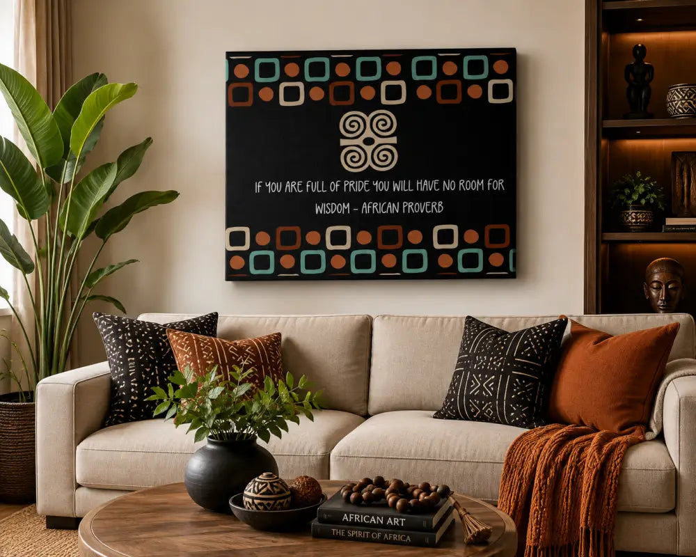 A framed wall art print featuring an African proverb on a black background with geometric border patterns, displayed above a beige sofa in a styled living room.