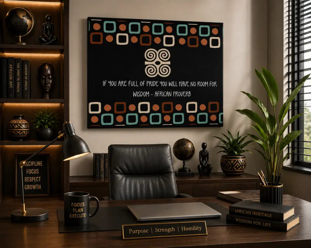 Dwennimmen Adinkra canvas wall art displayed in a sophisticated home office