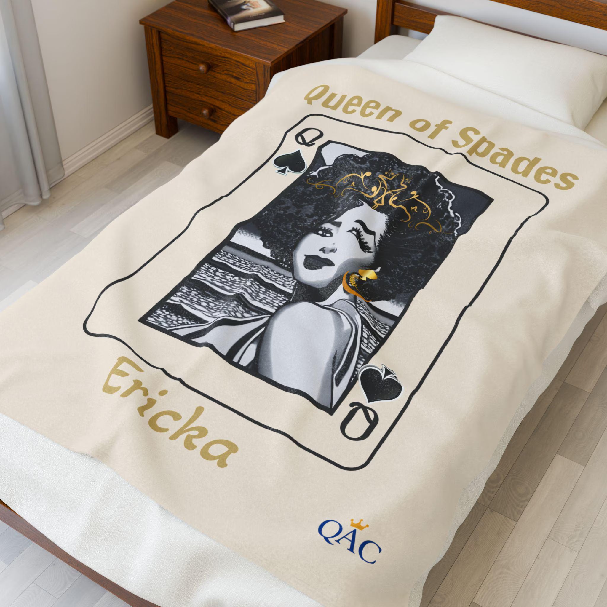 Queen of Spades playing card design Velveteen Plush Blanket | Personalized name option